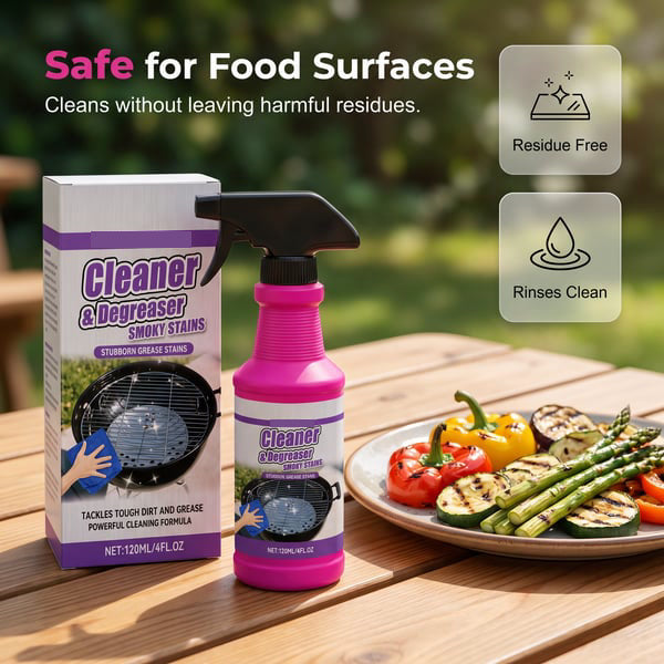 Grill cleaner beside food prepared for an outdoor cookout