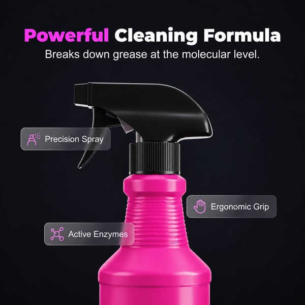 Precision spray head and cleaning formula features